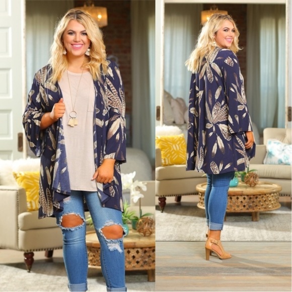 SKYE by Infinity Raine Sweaters - PLUS Navy Boho Feather Print Kimono